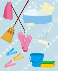 Illustrations of cleaning and washing tools