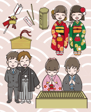 Illustration of New Year's visit and coming-of-age ceremony