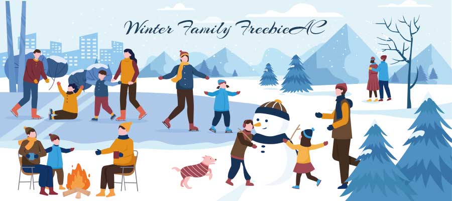 Family illustration collection spending time outside in winter