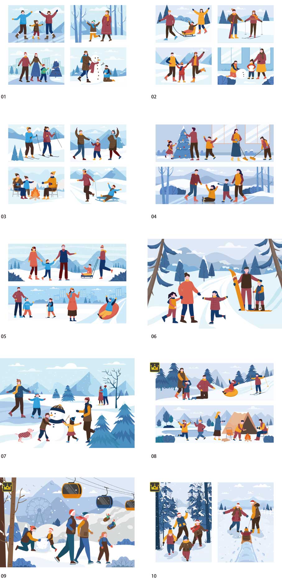 冬天在戶外度過時光的家庭插畫集